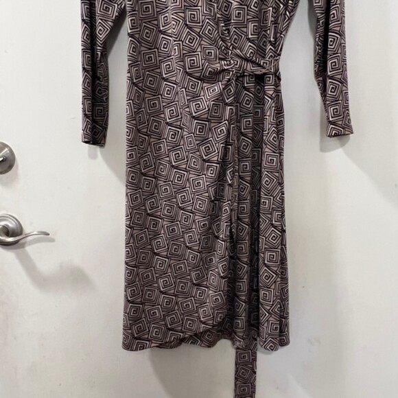 London Times Petites Brown Geometric Print 3/4 Sleeves Mock Wrap Dress Size 8P - Picture 6 of 11